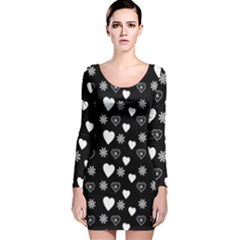 Hearts Snowflakes Black Background Long Sleeve Velvet Bodycon Dress