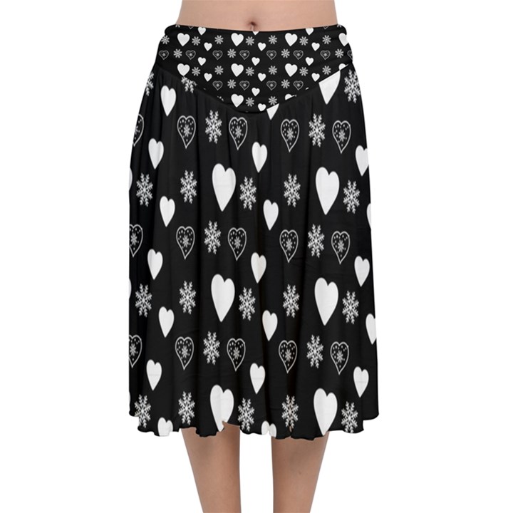 Hearts Snowflakes Black Background Velvet Flared Midi Skirt