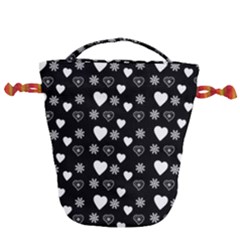 Hearts Snowflakes Black Background Drawstring Bucket Bag by Jancukart