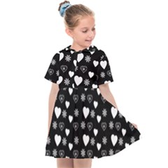 Hearts Snowflakes Black Background Kids  Sailor Dress by Jancukart