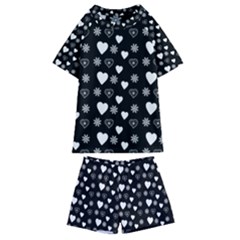 Hearts Snowflakes Black Background Kids  Swim Tee And Shorts Set by Jancukart