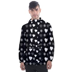 Hearts Snowflakes Black Background Men s Front Pocket Pullover Windbreaker