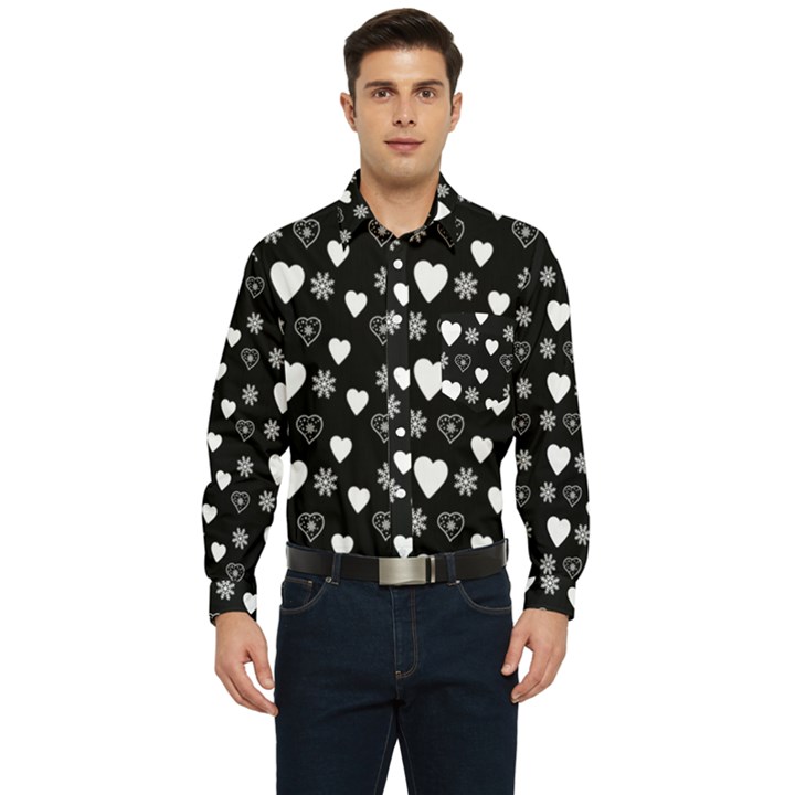 Hearts Snowflakes Black Background Men s Long Sleeve Pocket Shirt 