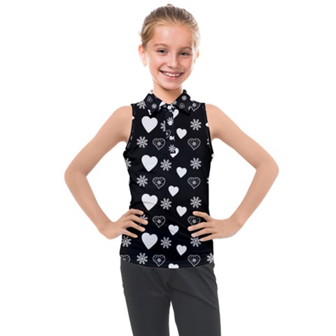 Hearts Snowflakes Black Background Kids  Sleeveless Polo Tee by Jancukart