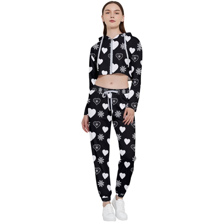 Hearts Snowflakes Black Background Cropped Zip Up Lounge Set