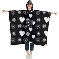 Hearts Snowflakes Black Background Women s Hooded Rain Ponchos