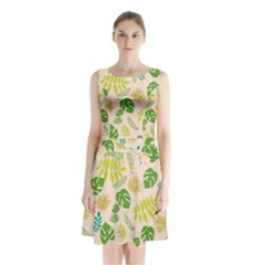 Tropical Leaf Leaves Palm Green Sleeveless Waist Tie Chiffon Dress