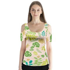 Tropical Leaf Leaves Palm Green Butterfly Sleeve Cutout Tee 