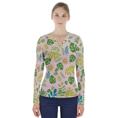 Tropical Leaf Leaves Palm Green V-neck Long Sleeve Top