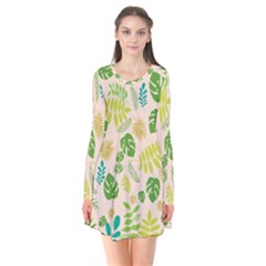 Tropical Leaf Leaves Palm Green Long Sleeve V-neck Flare Dress