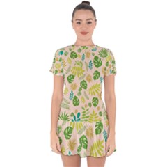 Tropical Leaf Leaves Palm Green Drop Hem Mini Chiffon Dress