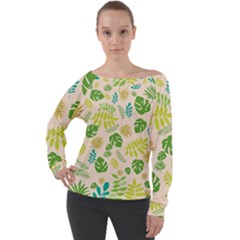 Tropical Leaf Leaves Palm Green Off Shoulder Long Sleeve Velour Top by Jancukart