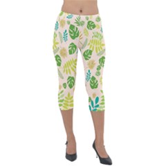 Tropical Leaf Leaves Palm Green Lightweight Velour Capri Leggings 