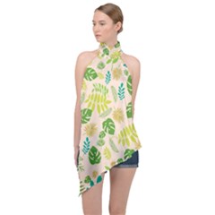 Tropical Leaf Leaves Palm Green Halter Asymmetric Satin Top