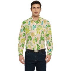 Tropical Leaf Leaves Palm Green Men s Long Sleeve Pocket Shirt 