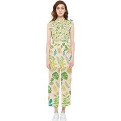 Tropical Leaf Leaves Palm Green Women s Frill Top Chiffon Jumpsuit