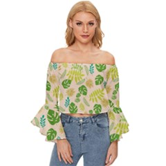 Tropical Leaf Leaves Palm Green Off Shoulder Flutter Bell Sleeve Top