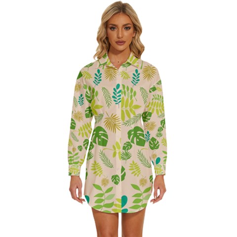 Tropical Leaf Leaves Palm Green Womens Long Sleeve Shirt Dress by Jancukart