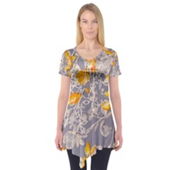 Fabric Floral Background Short Sleeve Tunic 