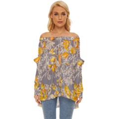 Fabric Floral Background Off Shoulder Chiffon Pocket Shirt