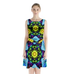 Abstract Kaleidoscope Digital Sleeveless Waist Tie Chiffon Dress