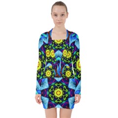 Abstract Kaleidoscope Digital V-neck Bodycon Long Sleeve Dress