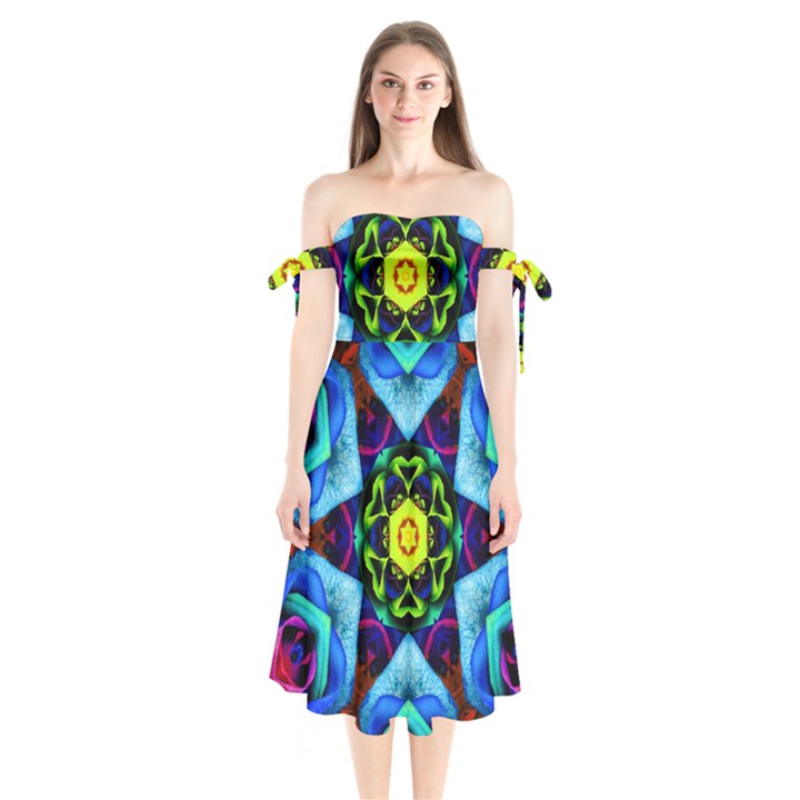 Abstract Kaleidoscope Digital Shoulder Tie Bardot Midi Dress