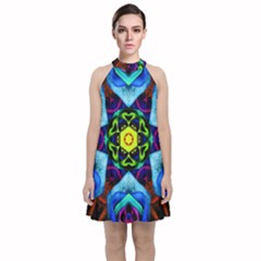 Abstract Kaleidoscope Digital Velvet Halter Neckline Dress 