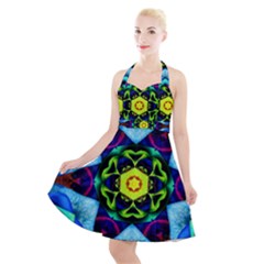 Abstract Kaleidoscope Digital Halter Party Swing Dress 