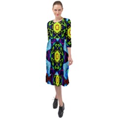 Abstract Kaleidoscope Digital Ruffle End Midi Chiffon Dress