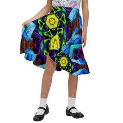 Abstract Kaleidoscope Digital Kids  Ruffle Flared Wrap Midi Skirt