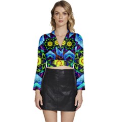 Abstract Kaleidoscope Digital Long Sleeve Tie Back Satin Wrap Top