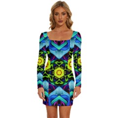 Abstract Kaleidoscope Digital Long Sleeve Square Neck Bodycon Velvet Dress