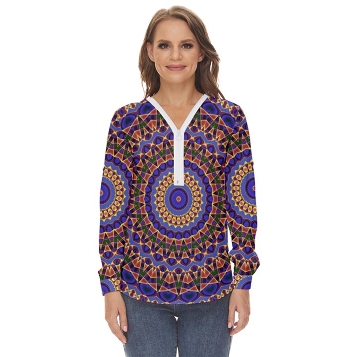 Mandala Kaleidoscope Background Zip Up Long Sleeve Blouse