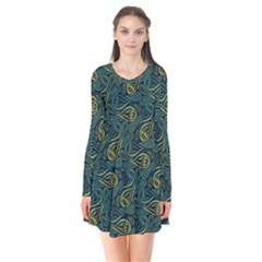 Pattern Abstract Green Texture Long Sleeve V-neck Flare Dress