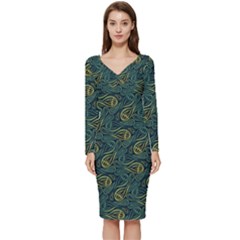 Pattern Abstract Green Texture Long Sleeve V-neck Bodycon Dress 