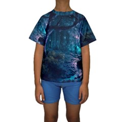 Path Forest Wood Light Night Kids  Short Sleeve Swimwear by Jancukart