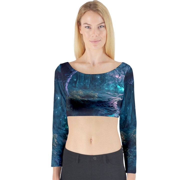 Path Forest Wood Light Night Long Sleeve Crop Top