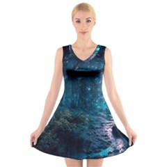 Path Forest Wood Light Night V-neck Sleeveless Dress