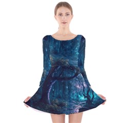 Path Forest Wood Light Night Long Sleeve Velvet Skater Dress