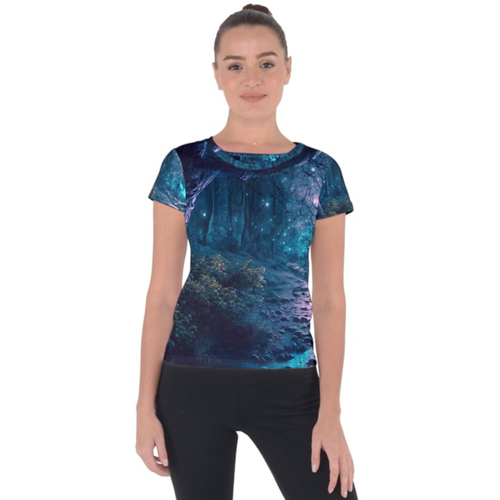 Path Forest Wood Light Night Short Sleeve Sports Top 