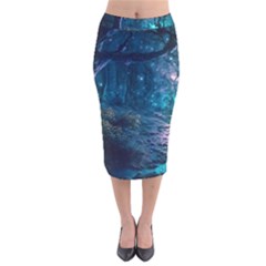 Path Forest Wood Light Night Velvet Midi Pencil Skirt by Jancukart