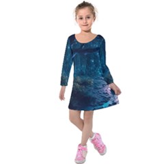 Path Forest Wood Light Night Kids  Long Sleeve Velvet Dress