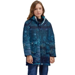 Path Forest Wood Light Night Kid s Hooded Longline Puffer Jacket by Jancukart