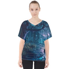 Path Forest Wood Light Night V-neck Dolman Drape Top by Jancukart