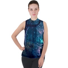 Path Forest Wood Light Night Mock Neck Chiffon Sleeveless Top by Jancukart