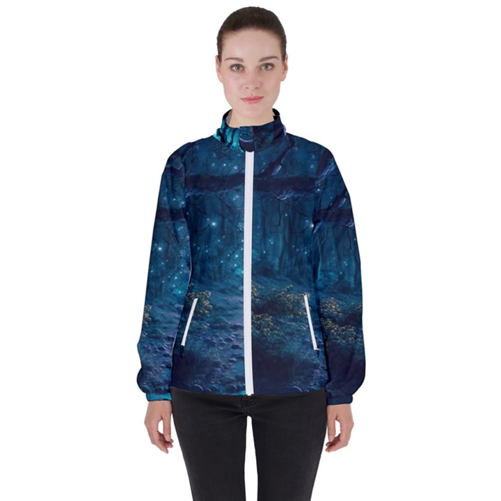 Path Forest Wood Light Night Women s High Neck Windbreaker