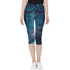 Path Forest Wood Light Night Inside Out Lightweight Velour Capri Leggings 