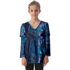 Path Forest Wood Light Night Kids  V Neck Casual Top