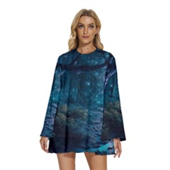 Path Forest Wood Light Night Round Neck Long Sleeve Bohemian Style Chiffon Mini Dress